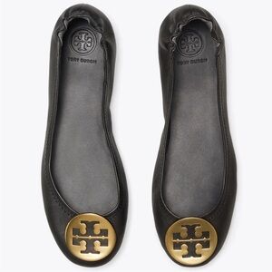 Tory Burch Minnie Travel Leather Ballet Flats Black and Gold size 6.5